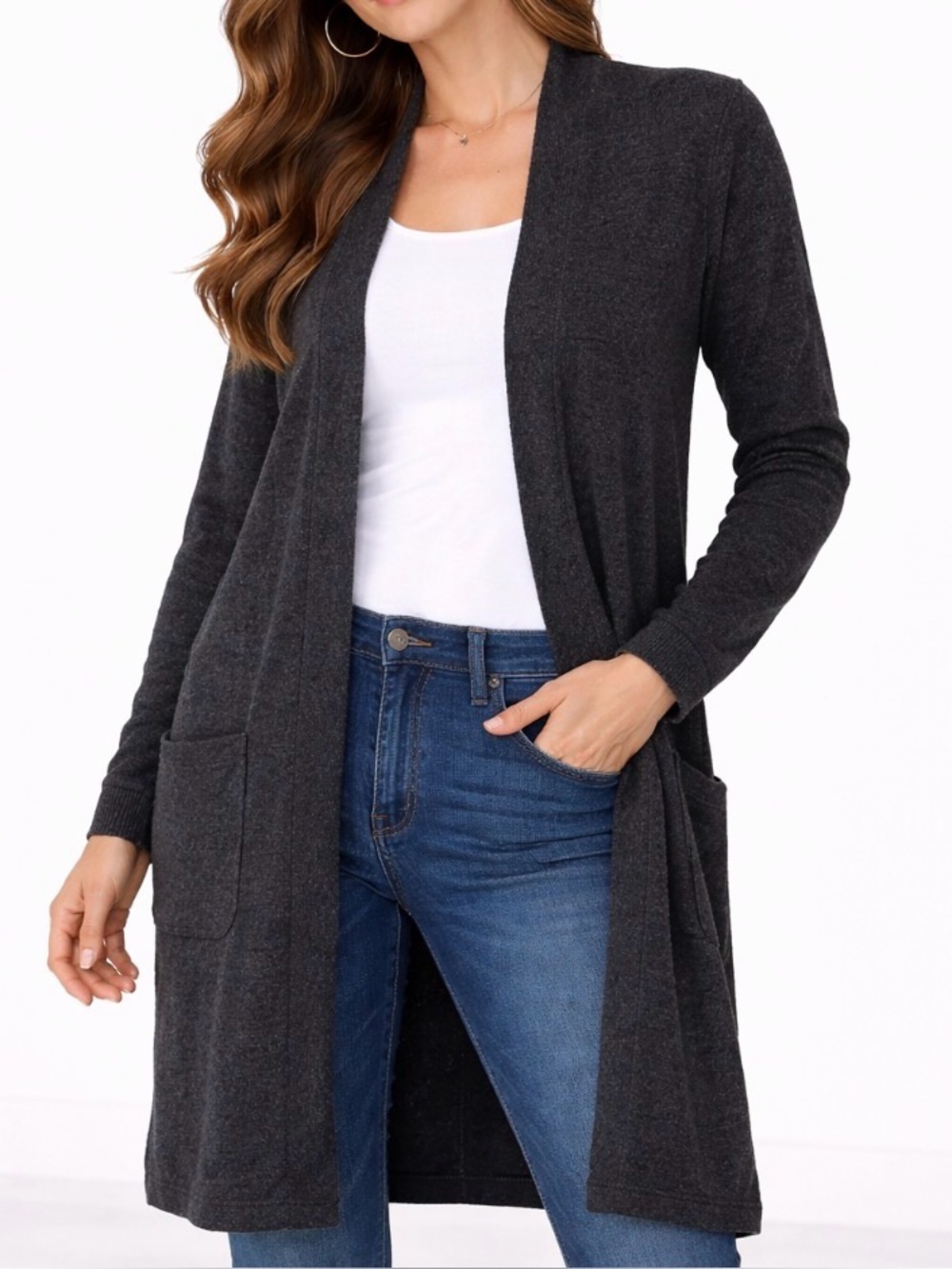J. Jill cardigan sweater charcoal gray/black open front long duster pockets XS